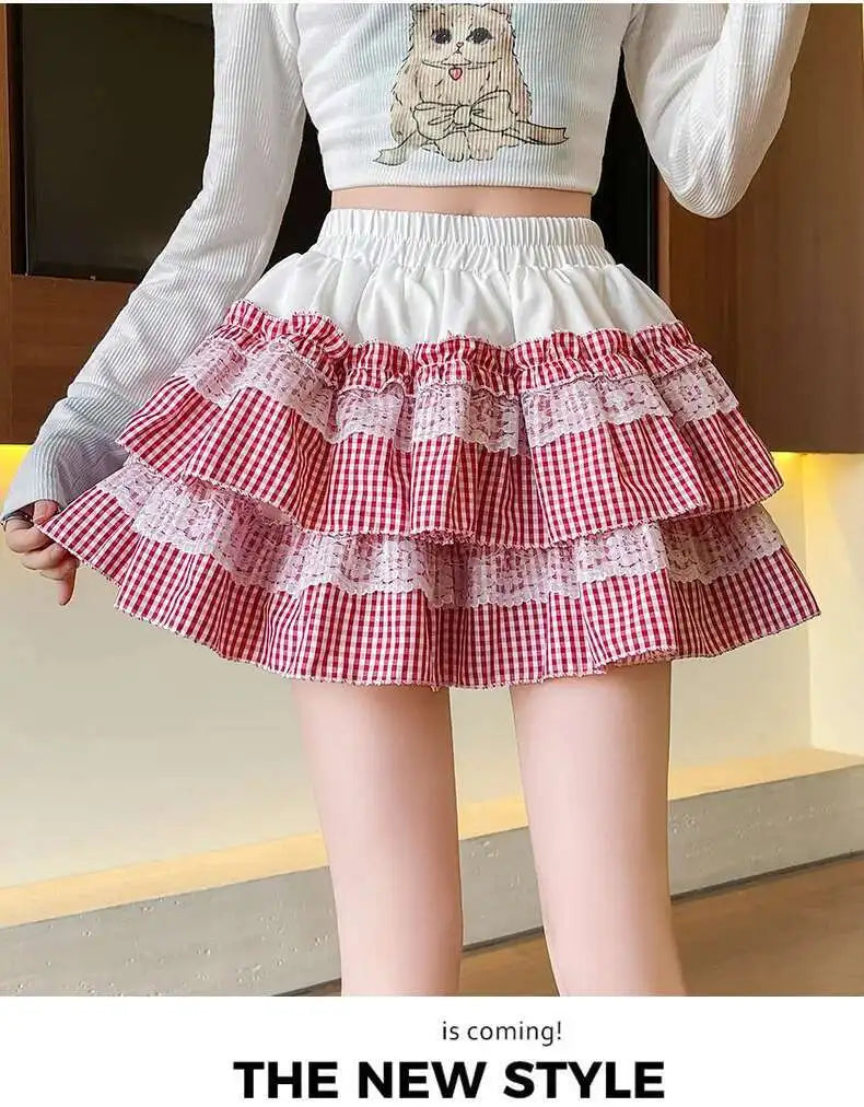 2025 Spring Summer Sweet Cute Lace Patchwork Plaid Cake Short Skirt With Shorts Womem Korean Japan Preppy Style Skirts