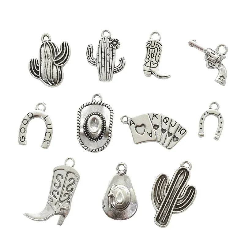11pcs Mixed Antique Silver Western Cowboy Charms Alloy Boot Gun Hat Pendants For DIY Bracelet Earrings Necklace Jewelry Making