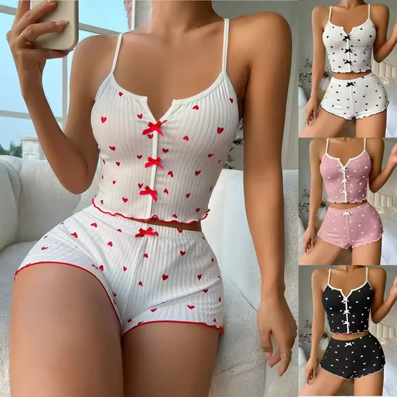Sexy Sleepwear Women Pajamas Set Heart Print Silk Stain V-Neck Sleeveless Casual Cami Top and Shorts Sets Home Suit Loungewear