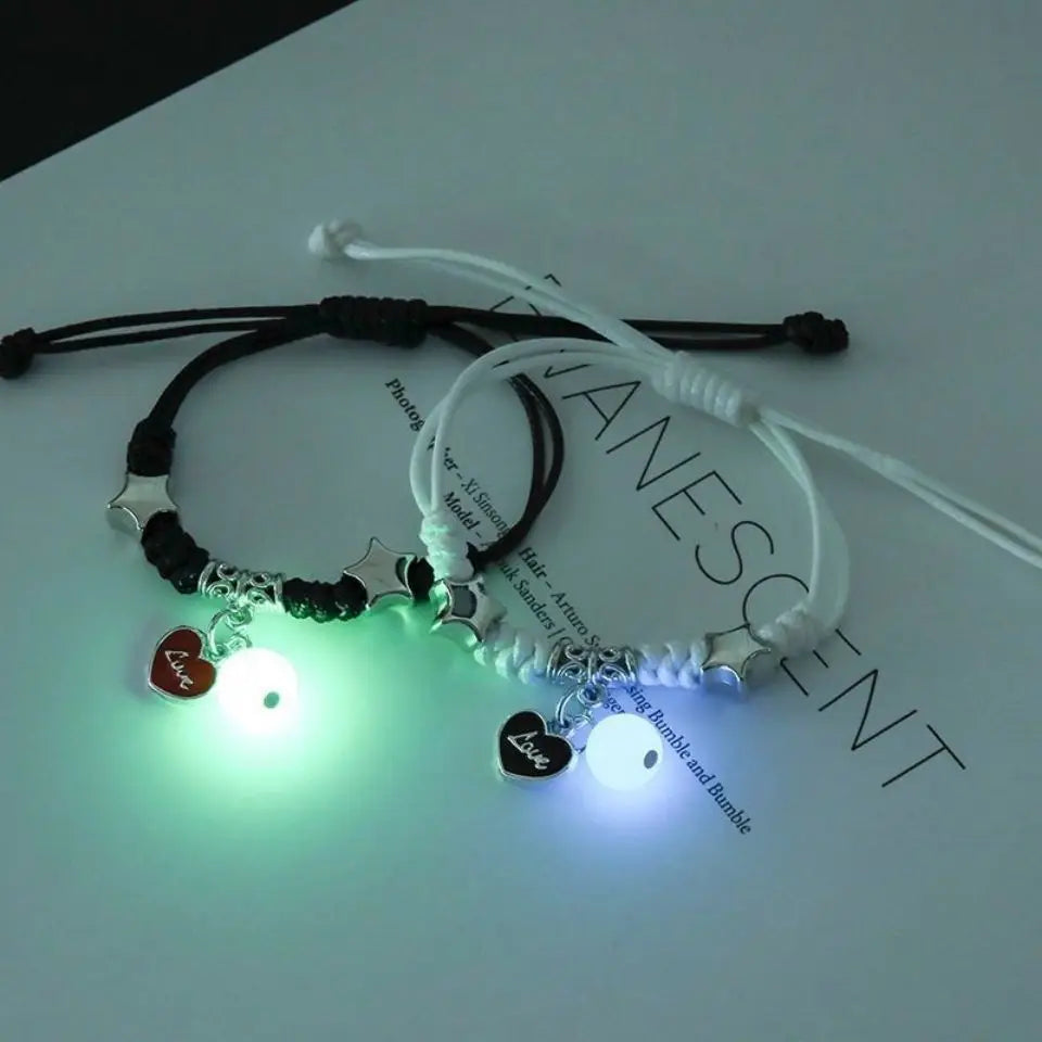 2PC Fashion Luminous Beads Star Couple Bracelet for Women Men Charm Cat Flower Heart Moon Love Matching Friend Bracelet Jewelry