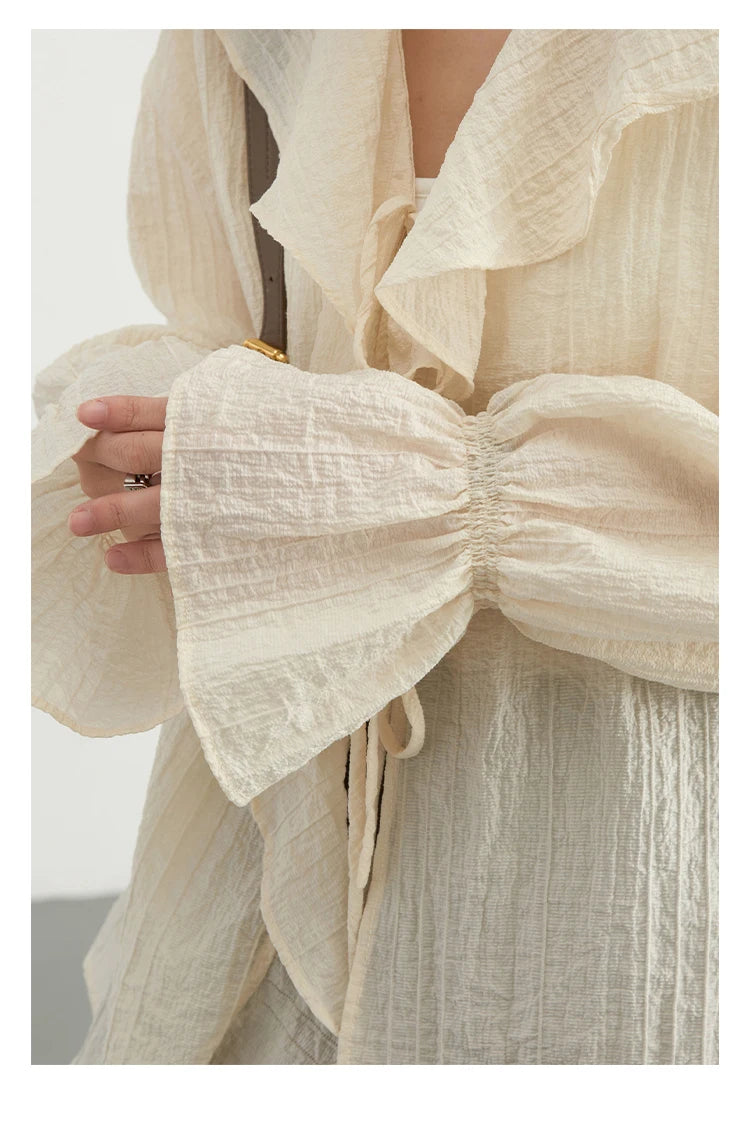 CHIC VEN Women Shirt Loose Casual Ruffled Edges Female Blouses V Neck Lace Up Mid Length Woman Shirts Spring Summer 2026