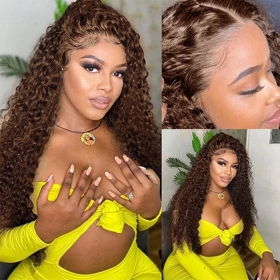 Chocolate Brown Curly Lace Front Human Hair Wigs 13X6 Lace Frontal Wig Brazilian Deep Wave Colored Bleached Wigs For Women