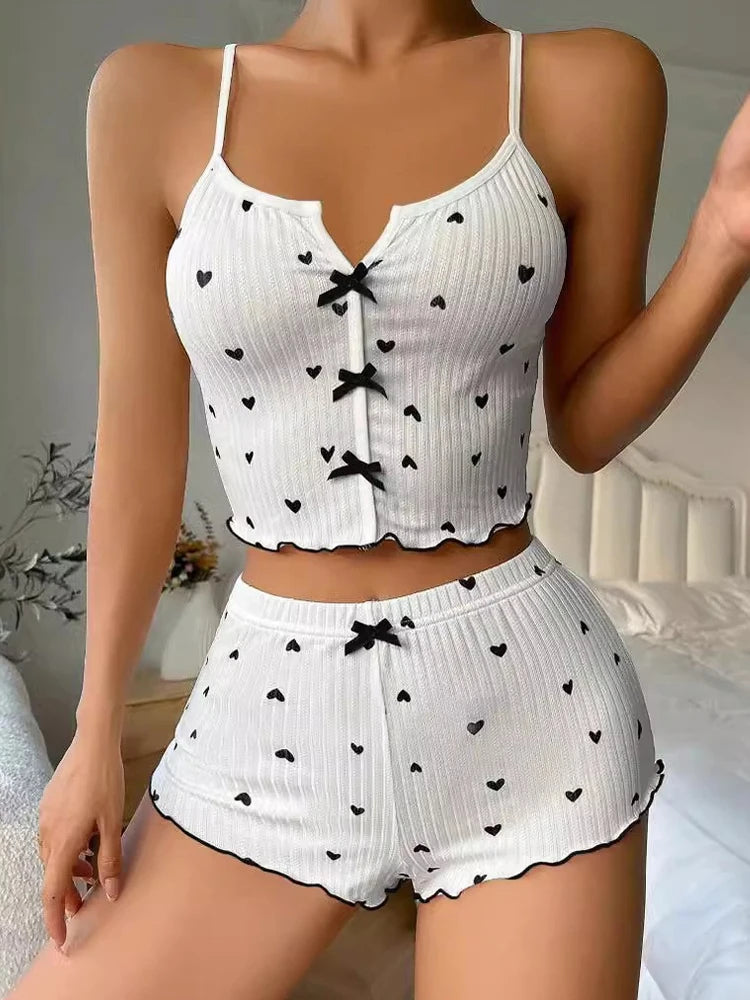 Sexy Sleepwear Women Pajamas Set Heart Print Silk Stain V-Neck Sleeveless Casual Cami Top and Shorts Sets Home Suit Loungewear