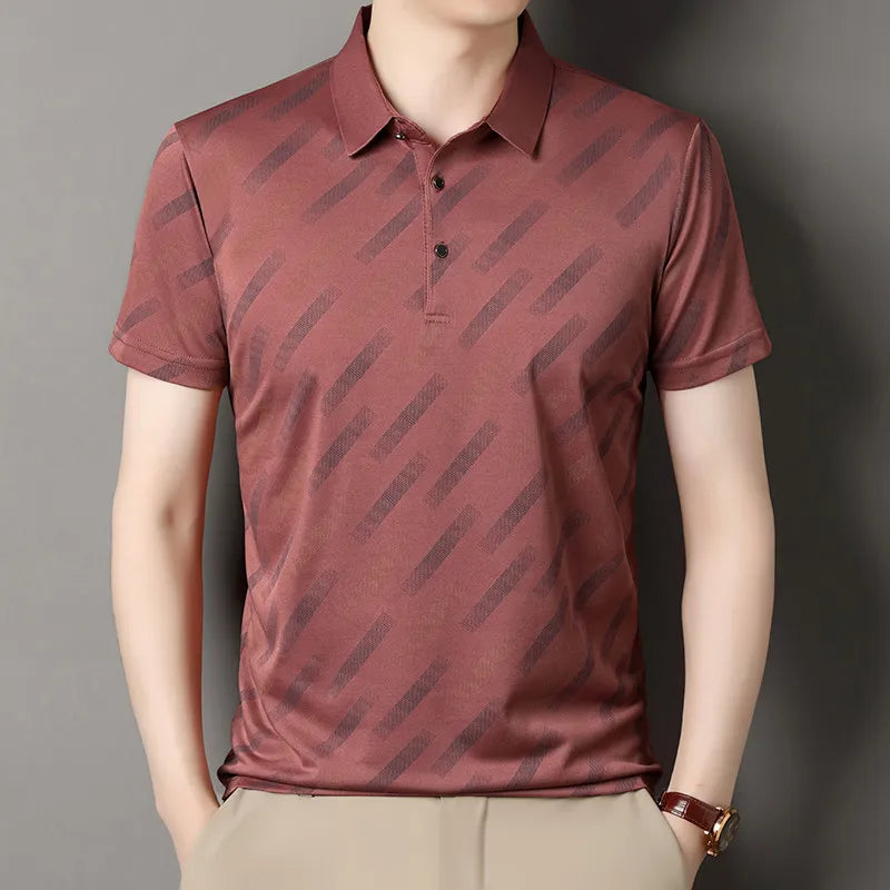 Men's Fashion Polo Shirt Short Sleeve Lapel Collar Diagonal Striped Print Casual Business Golf Tops