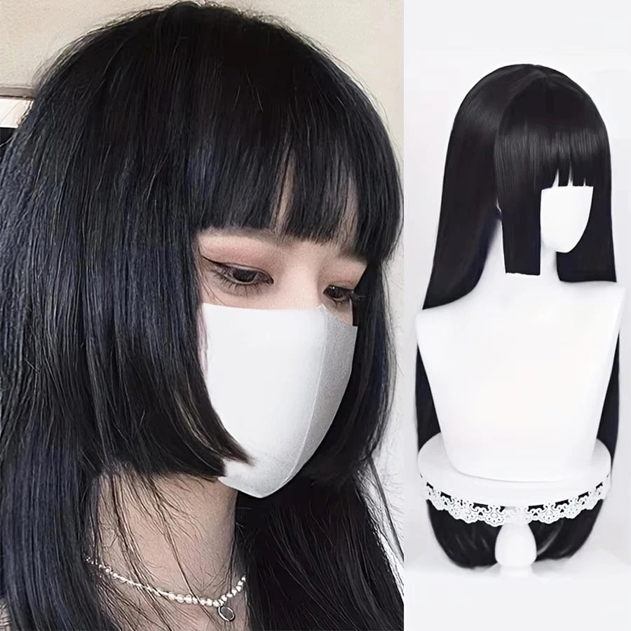 Natural Long Straight Synthetic Black Wig With Bangs Lolita Cosplay Hair Wigs For Women Heat Resistant Fiber Daily Party Wig Fem