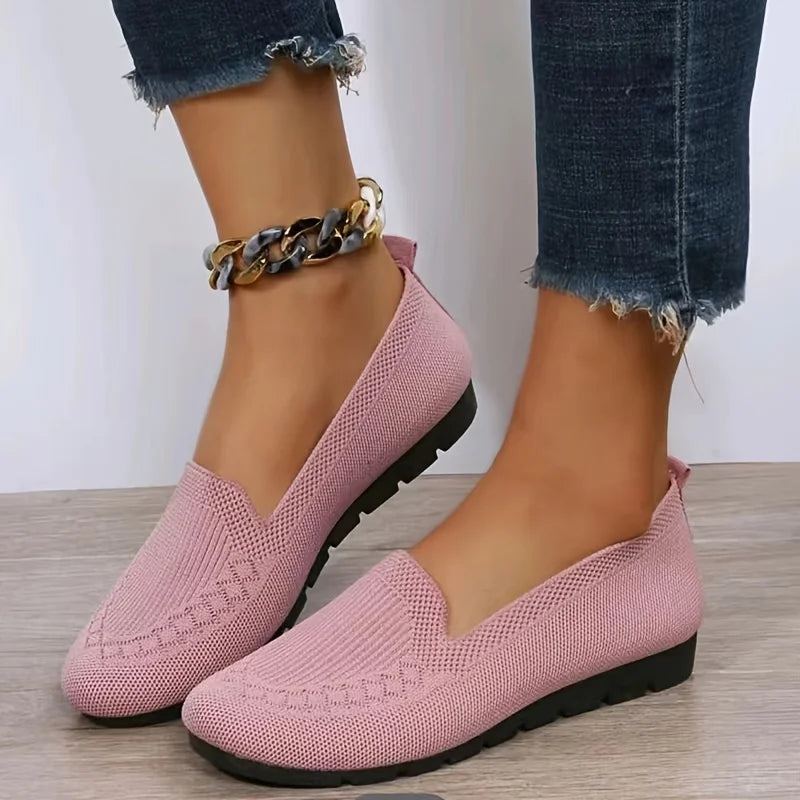 Women's Solid Color Knit Loafers Lightweight Anti Slip Flat Shoes for Casual Wear