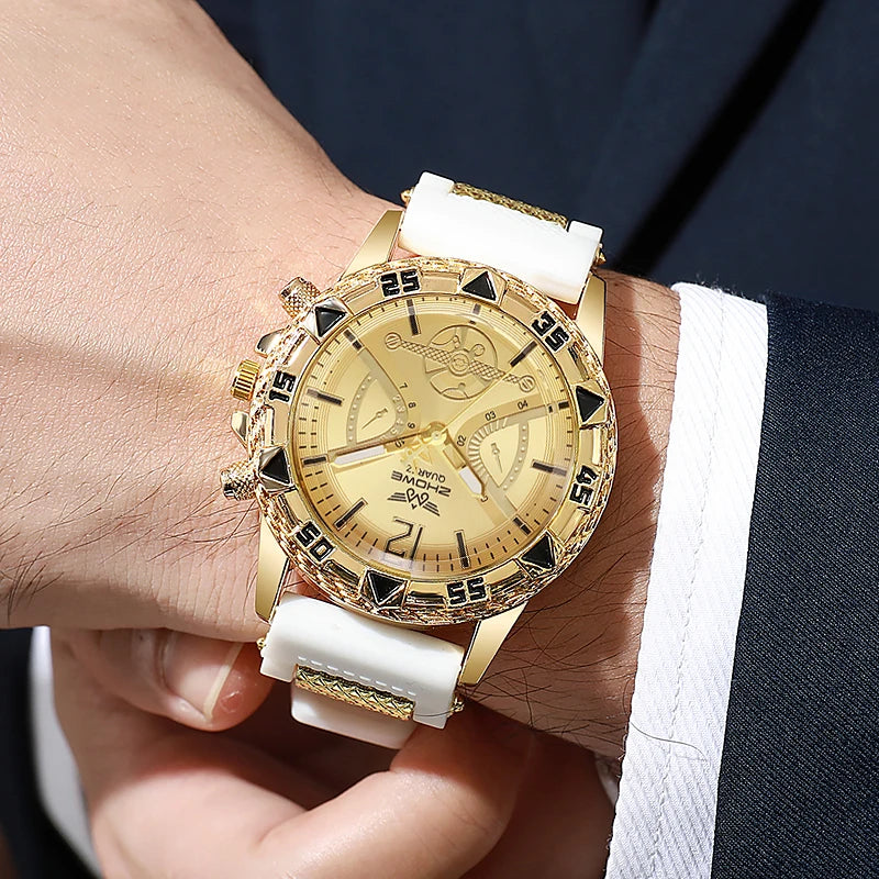 4PCS Fashion Arabic Dial Men Business Quartz Watch CasuSilicone Strap Wristwatch With Necklace Set Reloj Hombre (Without Box)