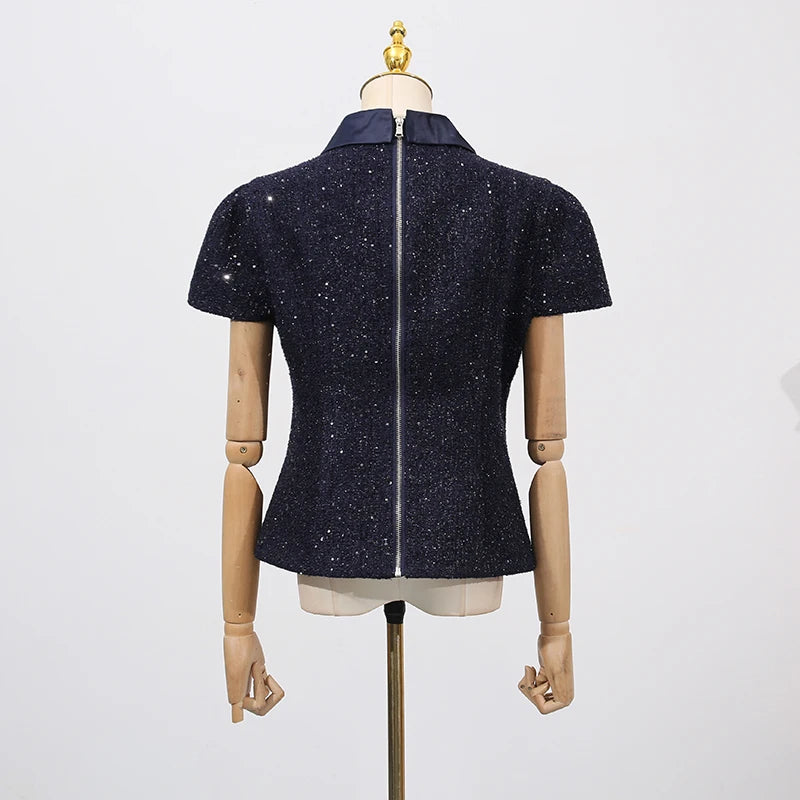 VGH Chic Two Piece Sets for Women Stand Collar Short Sleeves Spliced Pocket Tweed Top High Waist Maxi Skirts Vintage Suit Female