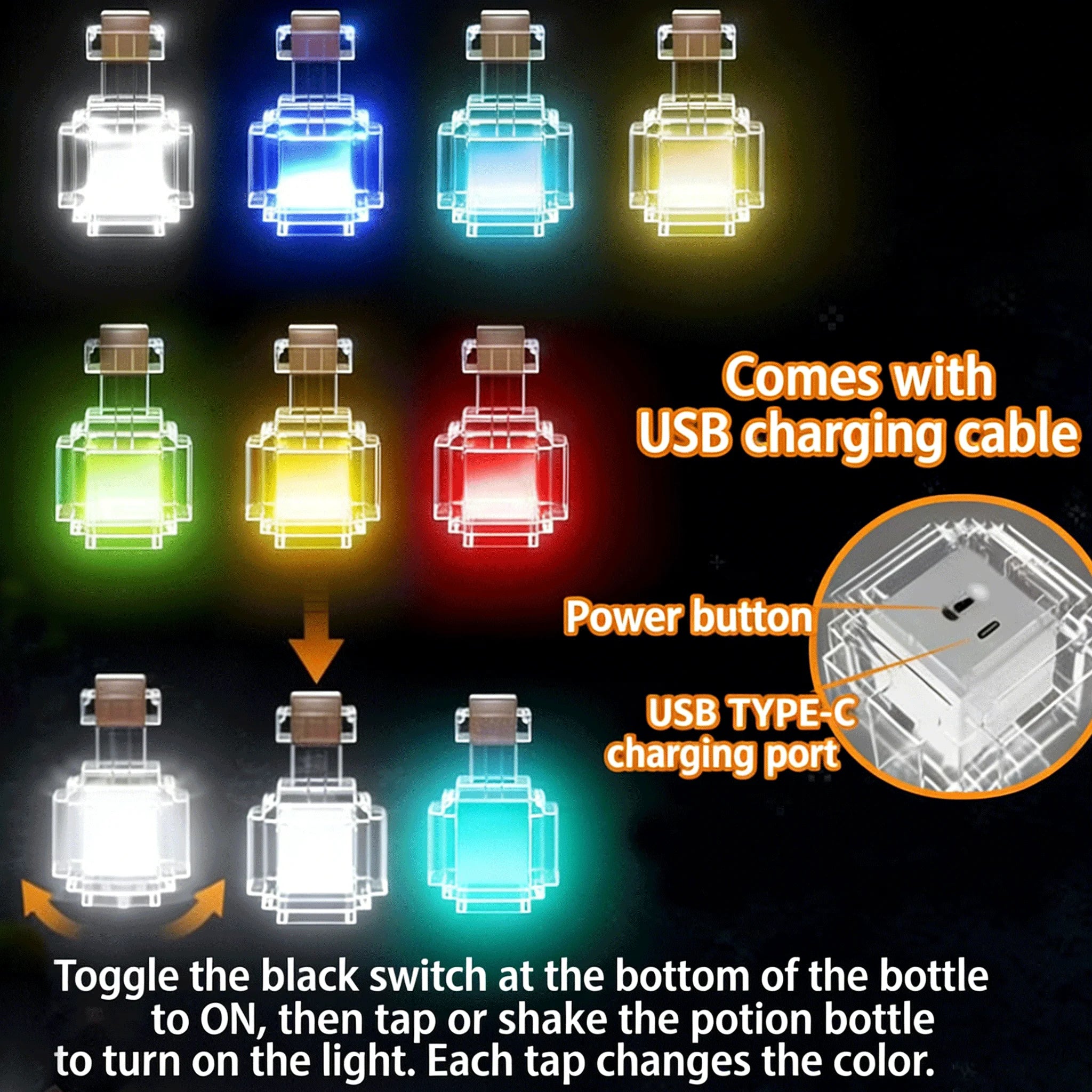Rechargeable Night Light 7 Color Liquid Medicine Bottle Pixel Wind Peripheral Design Game Toy Bedroom Decoration Lamp Kids Gifts
