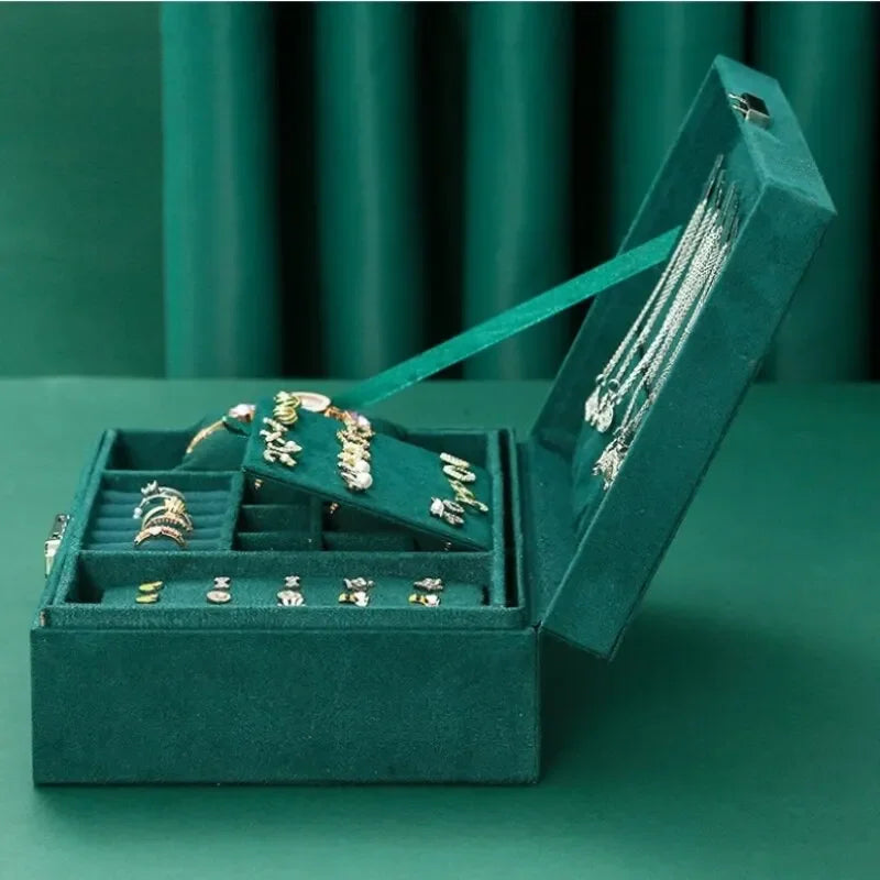 Pink Green 2-Layer Flannel Jewelry Organizer Box Necklaces Earrings Rings Display Holder Case for Women Large Capacity With Lock