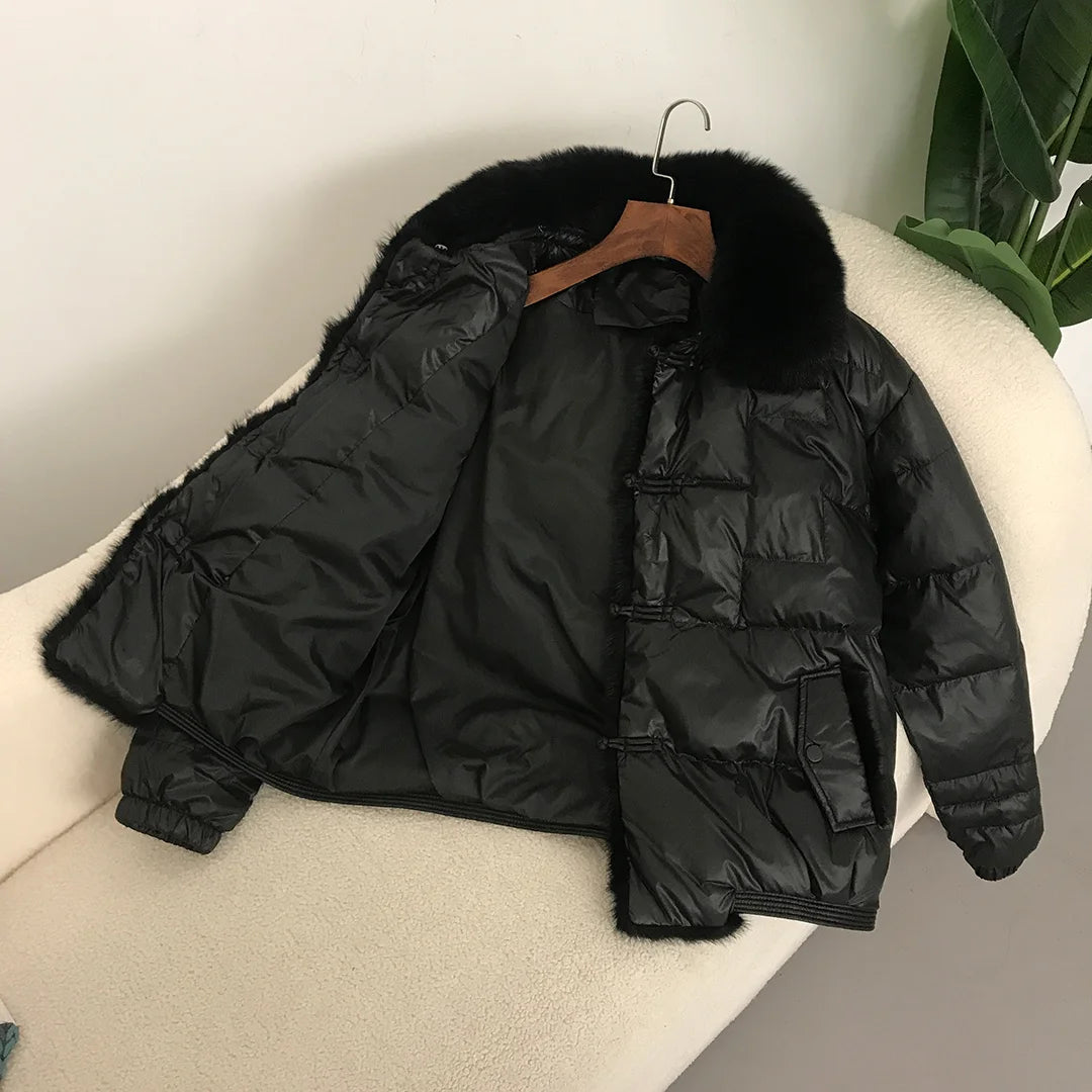 Real Fox Mink Fur Collar Coat Winter Women White Duck Down Jacket Ladies Short Warm Puffer Female Loose Vintage Parka Outerwear