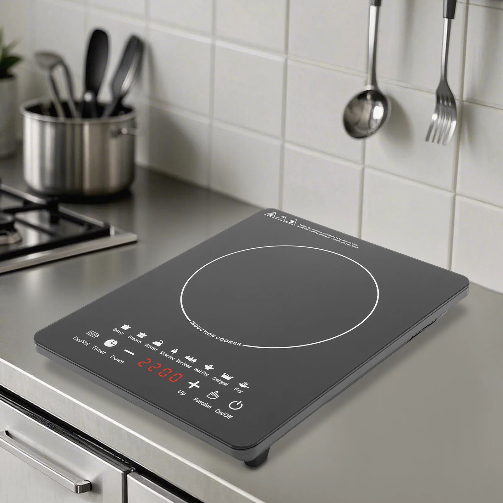 750W Electric Induction Cooker Glass PP Body 8 Presets Temp Adjustable for Dorm RV Home Restaurant & Hot Pot Use