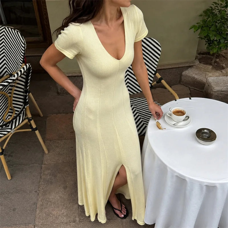 Tsiisd Ribbed Knit Maxi Dress For Women Deep V-Neck Slim High Slit Elegant Patchwork Commute Party Dress Women Knitwear Dress