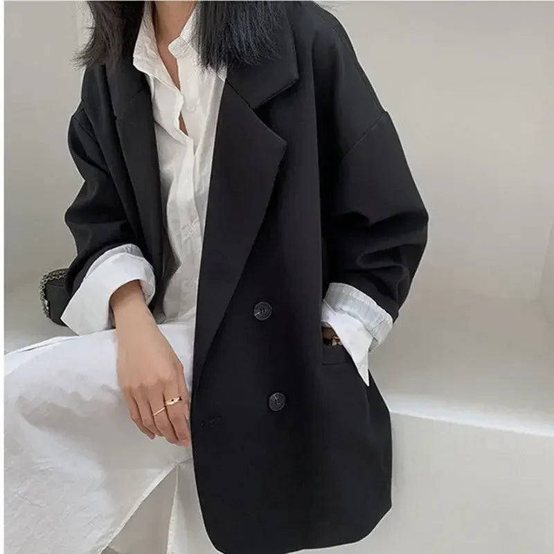 New 2025 Vintage Loose Women Solid Blazer Autumn Chic Double Breasted Female Long Sleeve Suit Jackets Stylish Ladies Blazers