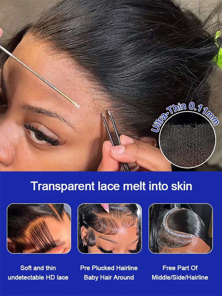 13x4 Bone Straight 250% Density Human Hair Wig 13x6 HD Lace Frontal Wig 40 Inch Natural Black Glueless Lace Front Wig for Women