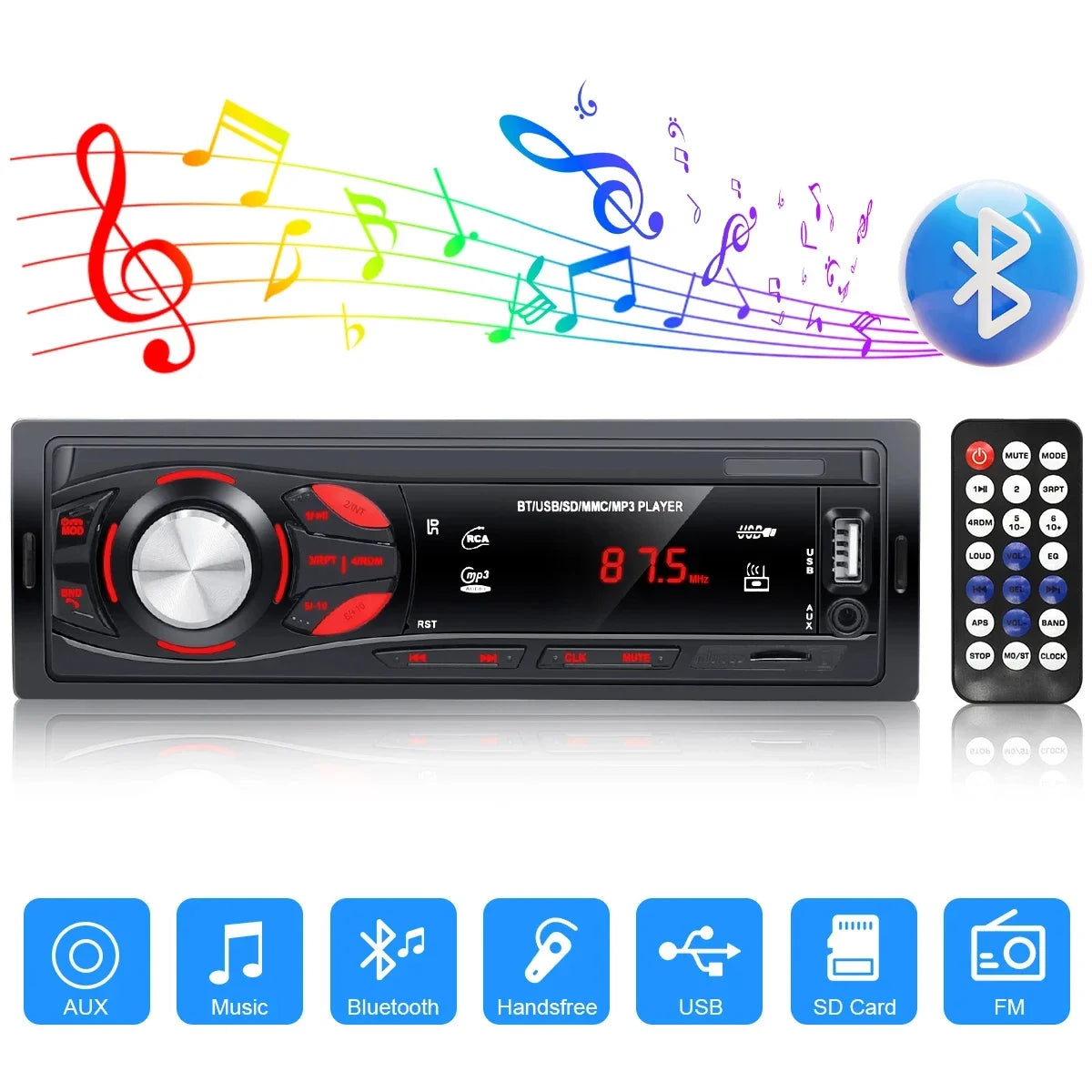 Bluetooth Enabled Stereo Car Radio, FM Receiver with MP3 & Hands-free Calling Including Card Insertion