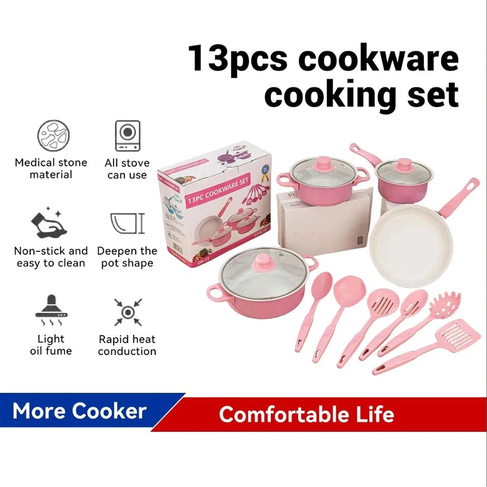 12Pcs Non Stick Cookware Set Cooking Pot with Lid Deep Frying Pan Milk Pot Maifan Stone Frying Pan for All Types of Cooker