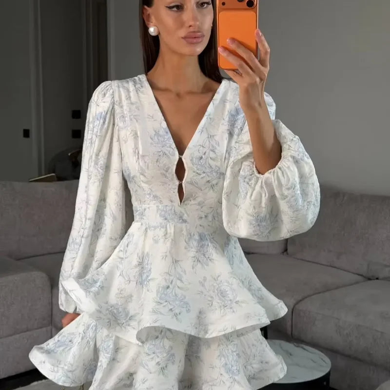 Women Floral Print Mini Dress V-neck Balloon Sleeve Keyhole Detail Tiered Ruffle Hem Dresses 2026 New Summer Holiday Party Gowns