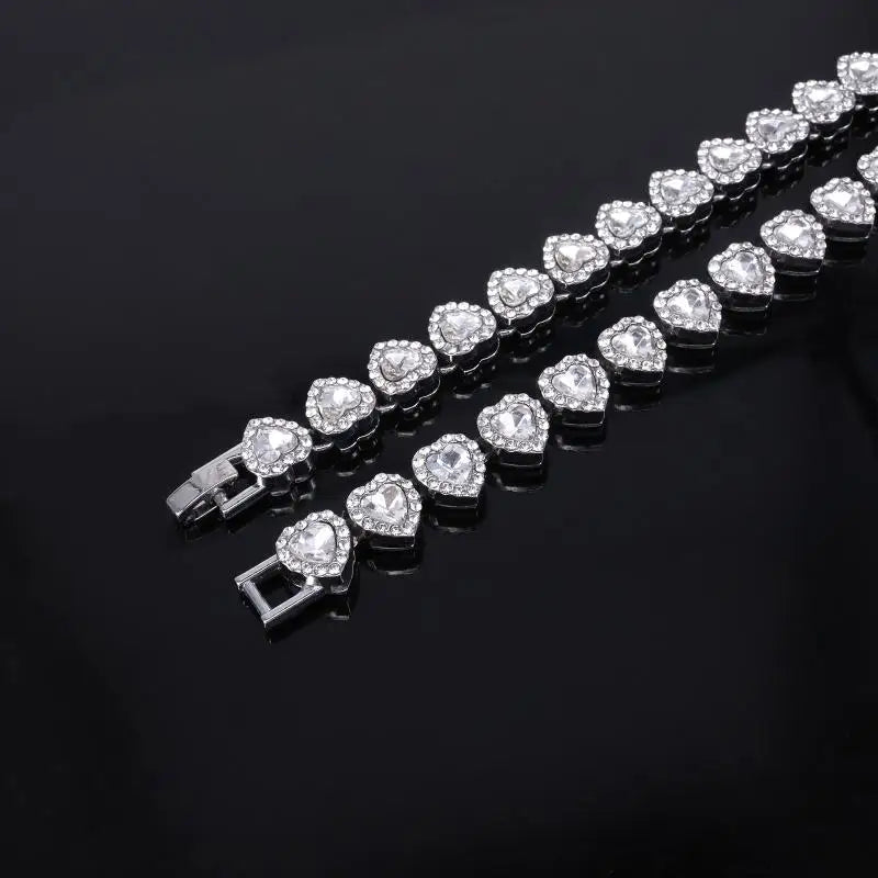 45CM New Hip Hop Tennis Chain Bracelet Necklace Shiny Heart Rhinestone CZ Fashion Rock Party Jewelry