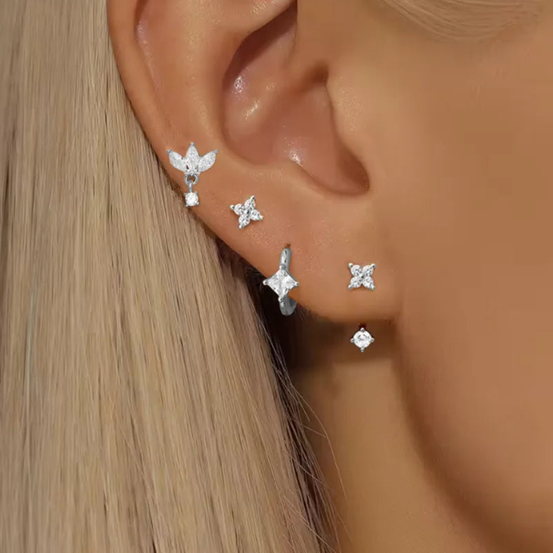 4PCS Zircon Heart Moon Flower Small Hoop Earrings Set For Women Stainless Steel Huggies Pendant Piercing Earrings Jewelry Aretes