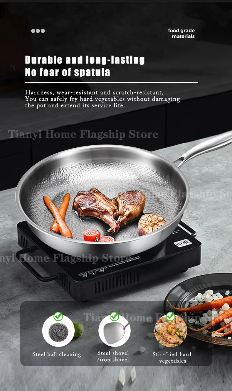 22/24/26/28/30cm Titanium Stainless Steel Frying Pan Non-stick Wok Home Egg Steak Skillet Induction Gas Stove Kitchen Cookware