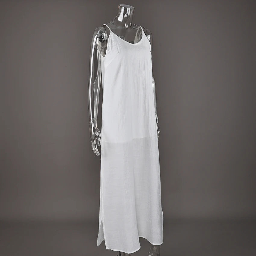 HiLoc Casual Loose White Long Dress Robe 2025 New Summer V Neck Dresses For Women Spring Sleeveless Straight Robes Nightgown