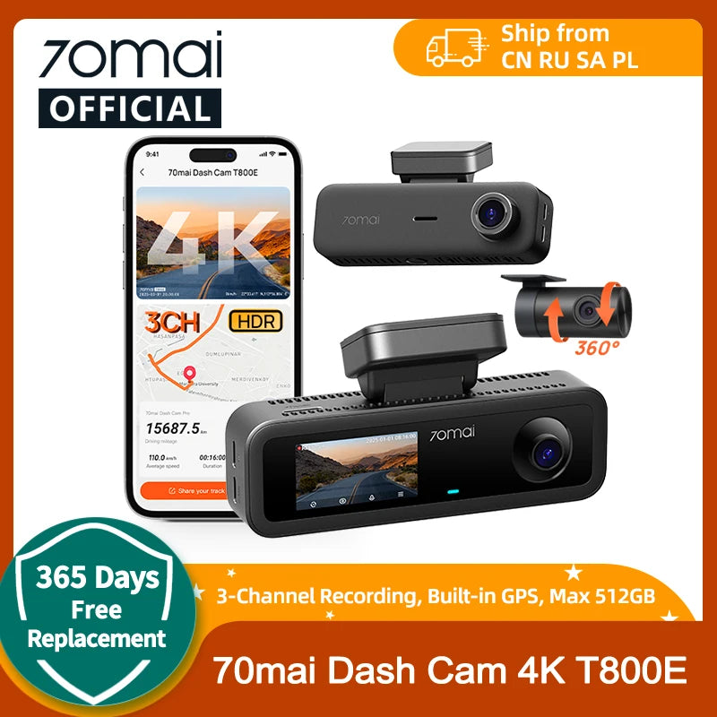 70mai 4K T800E 3-Channel Dash Cam Front Rear Interior 3-in-1 Voice Control 24H Parking Supercapacitor GPS 4K Car DVR 70mai T800E