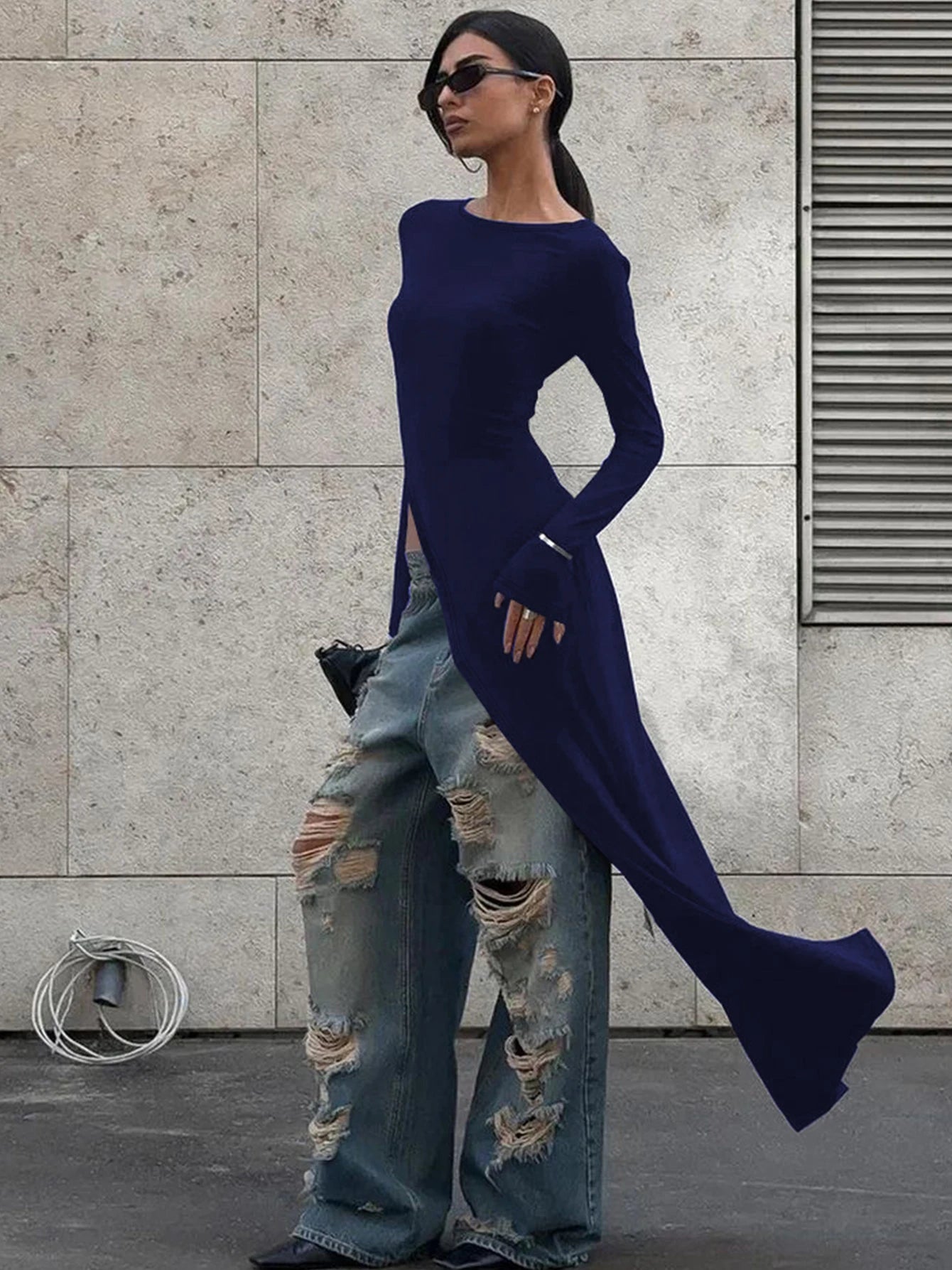 Dulzura Long Sleeves Side High Slit Maxi Dress Solid Sexy Long Dress Women’S Party Club Streetwear Autumn Winter Outfit