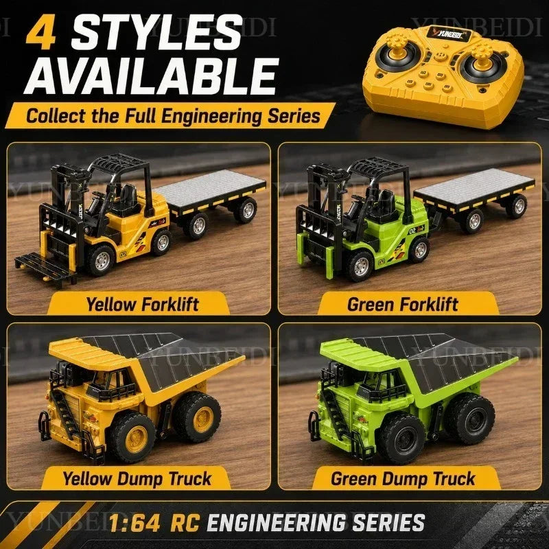 1:64 RC Mini Alloy Car Forklift with Trailer Excavator Desktop Game 2.4G Remote Control Engineering Lift Truck Child's Toy Gifts