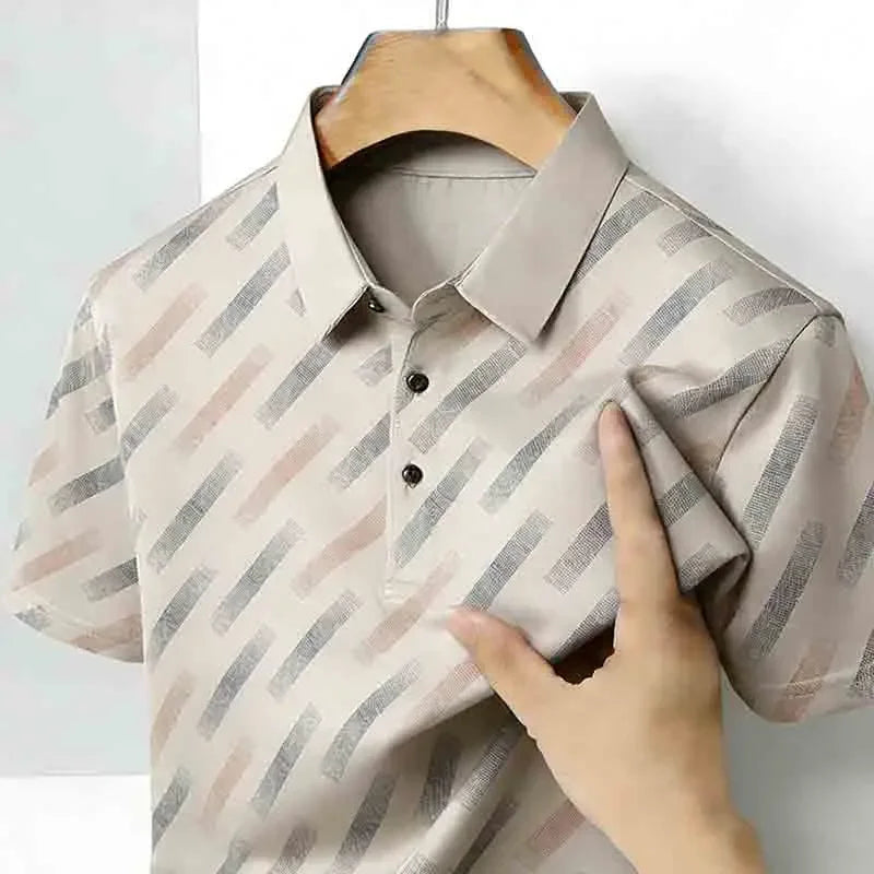 Men's Fashion Polo Shirt Short Sleeve Lapel Collar Diagonal Striped Print Casual Business Golf Tops