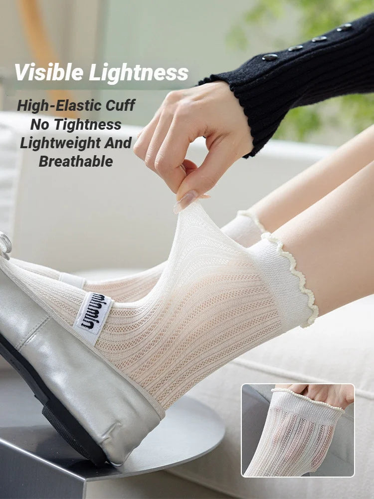 Women Solid Color Mesh Mid Tube Socks Spring Summer Thin Lightweight Breathable Wavy Edge Ballet Style Casual Hollo