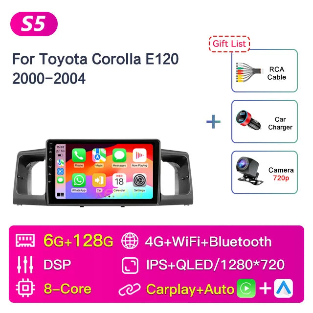 Car Stereo Radio Multimedia Player For Toyota Corolla E130 E120 2000 2001 2002 2003 2004 GPS Carplay Android Auto 2din Head Unit