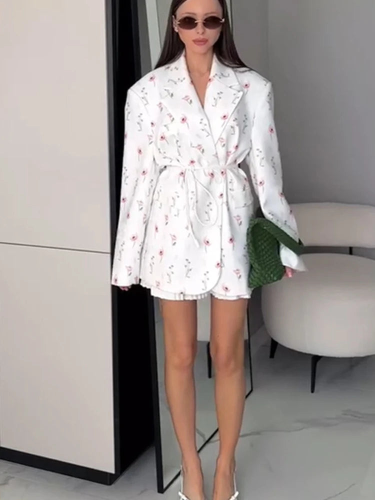 FSMG New Fashion Flowers Print Loose Suit Collar Coat For Women Elegant Belted Waist Cinching Suit Jacket Female Street Chic Top