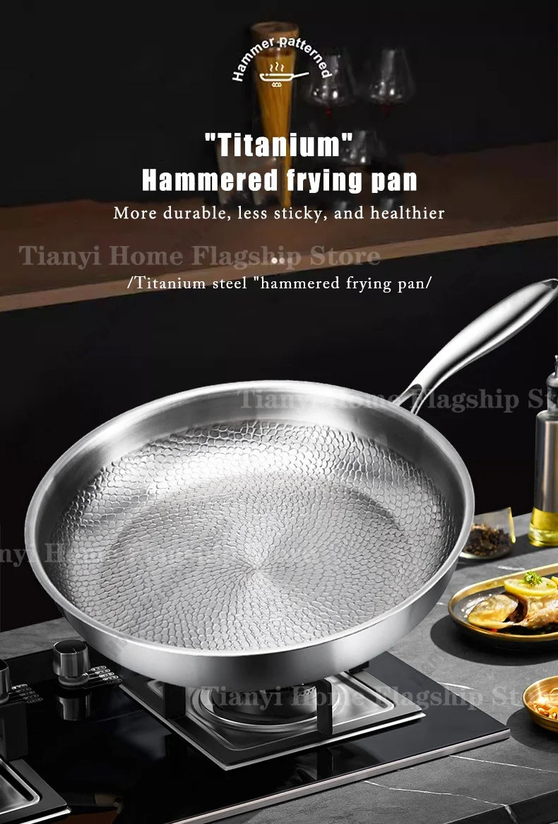 22/24/26/28/30cm Titanium Stainless Steel Frying Pan Non-stick Wok Home Egg Steak Skillet Induction Gas Stove Kitchen Cookware