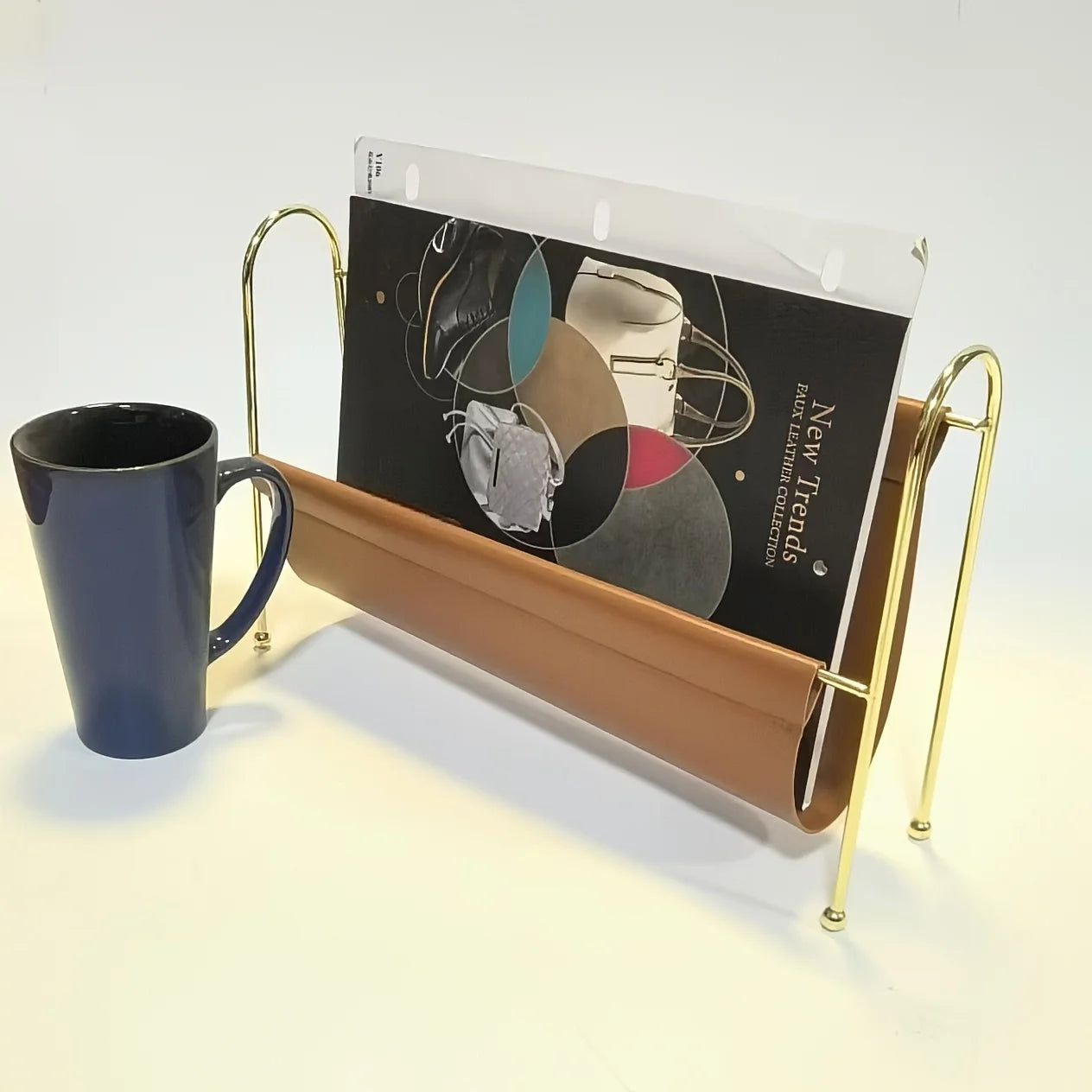 Nordic Metal Magazine Rack - Faux Leather Desk Organizer with Gold Frame, Compact Storage for Home Office/Bookshelf Decor