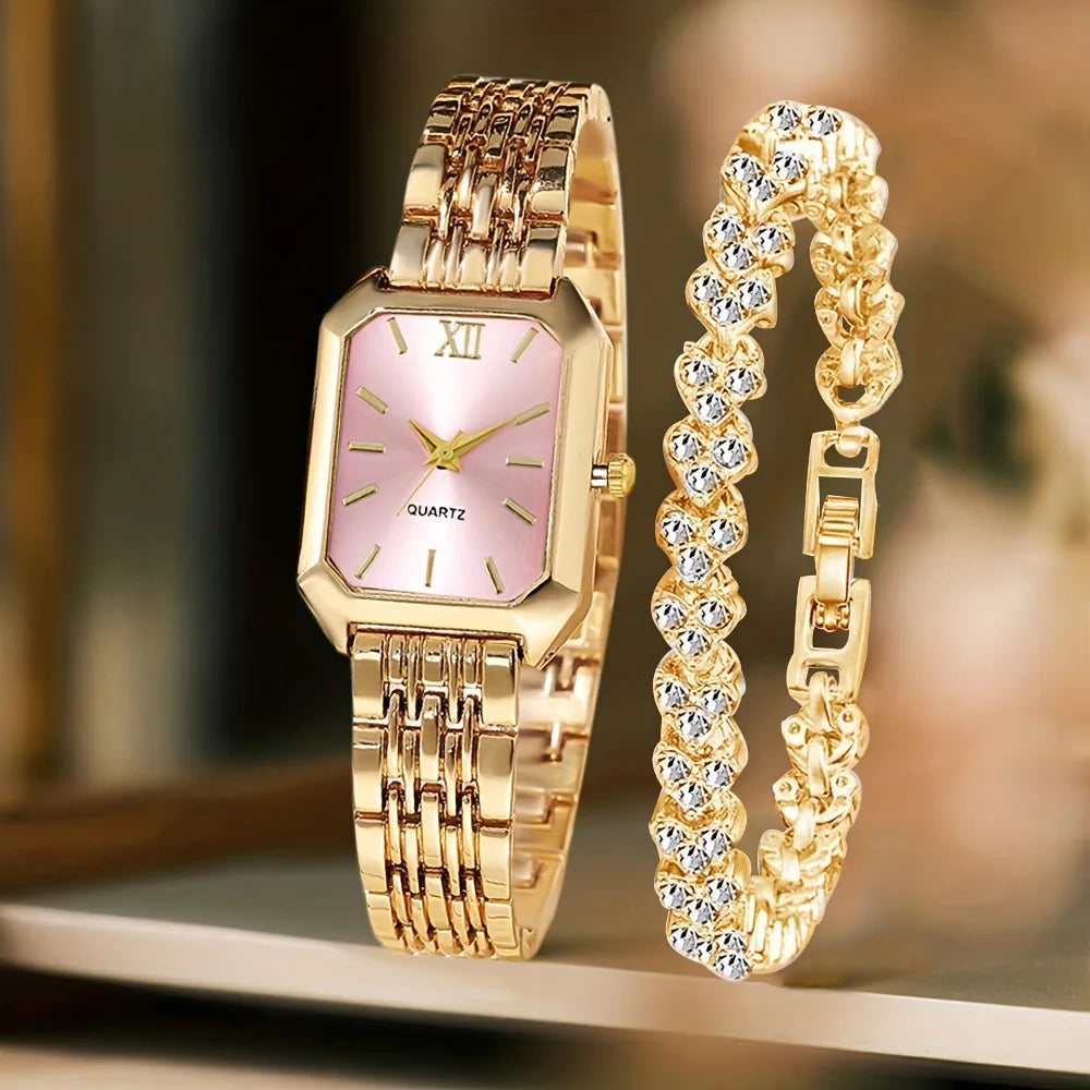 2PCS Fashion Rectangle Women Quartz Watch Rhinestone Bracelet Set Roma Dial Ladies Wristwatches Girls Clock Reloj Mujer