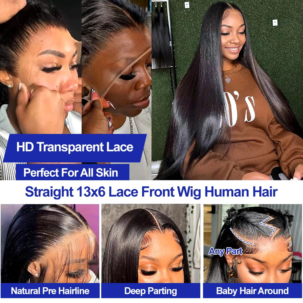 13x4 Bone Straight 250% Density Human Hair Wig 13x6 HD Lace Frontal Wig 40 Inch Natural Black Glueless Lace Front Wig for Women