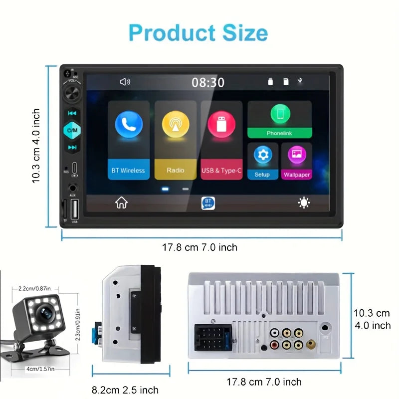 [17.78 cm Support Type-C Car MP5 Player] Double Din Car Stereo Player | with Wireless FM, Type-C/Usb/Tf/Aux Input