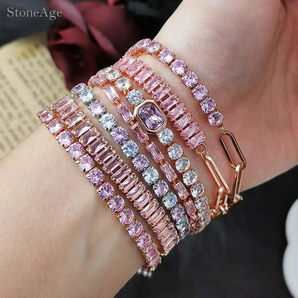 Pink Crystal Tennis Bracelets for Women Female Trend Romantic Shiny Zirconia Adjustable Folding Buckle Chain on Hand Jewelry