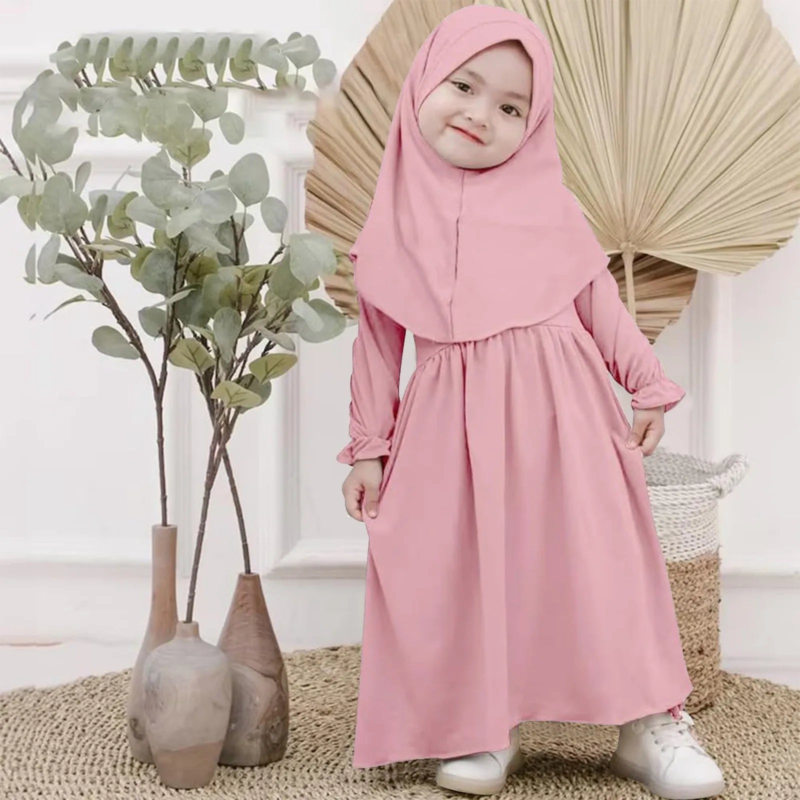 Baby Girl Auntie Outfits Muslim Abaya And Headscarf Set For Girls Pure Color Robe With Hijab Clothes for Girls 2t