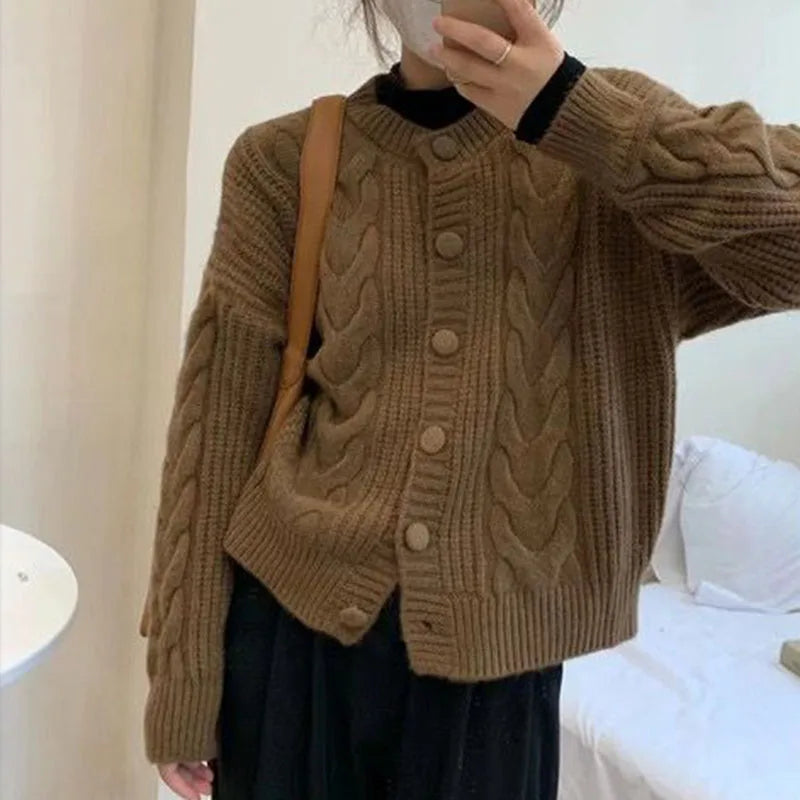Autumn Twist Knitted Cardigan Womem Winter Thicken Warm O Neck Sweater Jacket Female Solid Button Up Long Sleeve Crop Knitwear