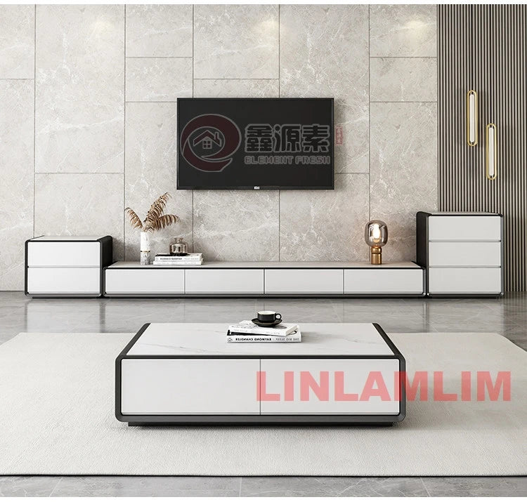 Modern White Living Room Furniture Set, Coffee Table and TV Stand with Storage Cabinets, Contemporary Entertainment Center Set
