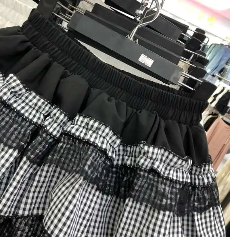 2025 Spring Summer Sweet Cute Lace Patchwork Plaid Cake Short Skirt With Shorts Womem Korean Japan Preppy Style Skirts