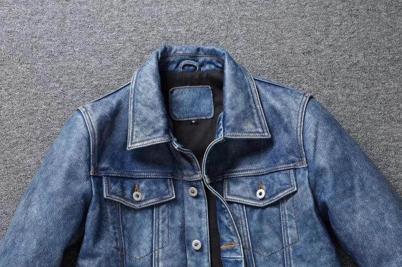 Men's Motorcycle Leather Jacket Light Blue Ami Khaki Retro Graphite Distressed Denim Genuine Leather Jacket Slim Short Jacket