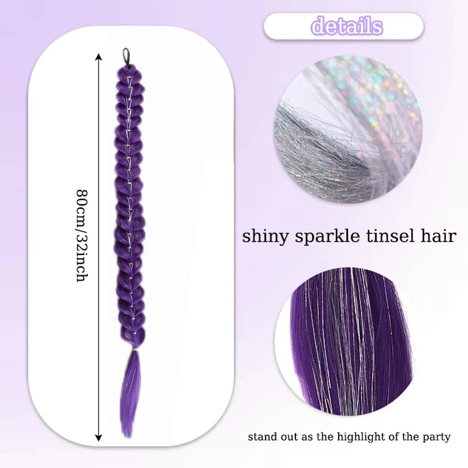 32inch Braided Purple Synthetic Ponytail with Tinsel Hair Wig Super Extensions Shiny Tinsel Hair for Kids Christmas Cosplay Hair