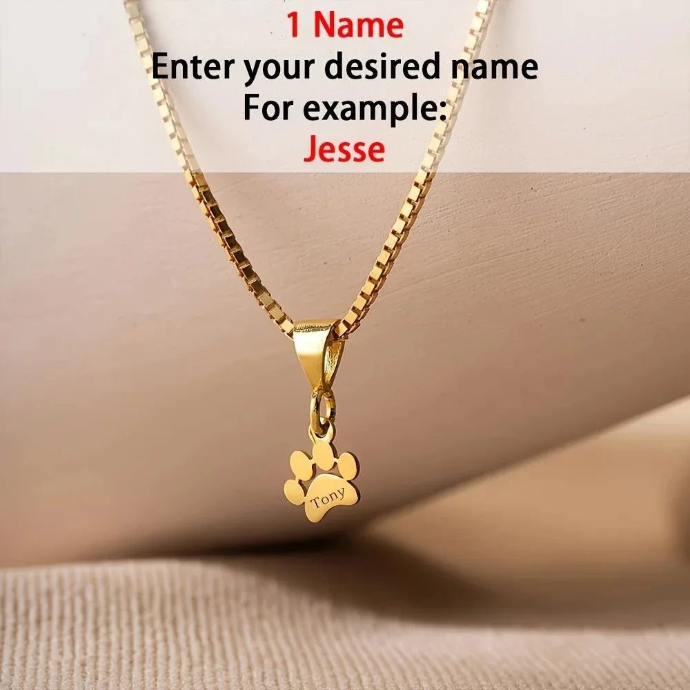 Custom Name Necklace Personalized Paw Necklace Box Chain Stainless Steel Lovely Cat Dog Paw Pet Necklace Jewelry Gifts for Women