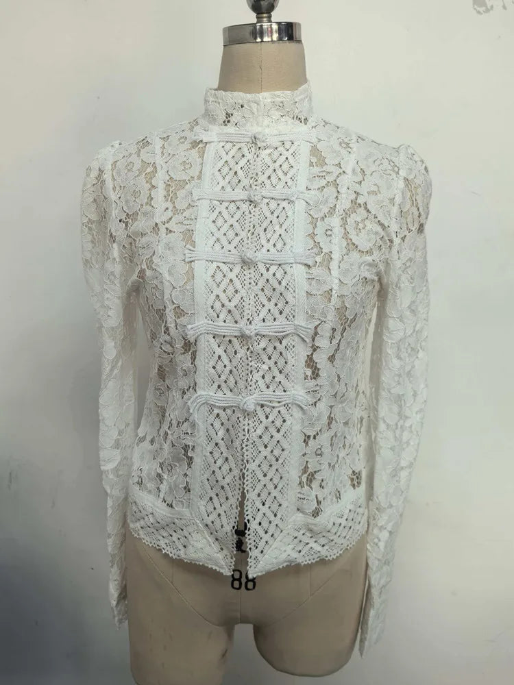 Ladies Vintage Lace Blouse Shirts Women Summer Hollow Out Casual Sand Collar Elegant Embroidery Puff Sleeve Sexy Top Shirts