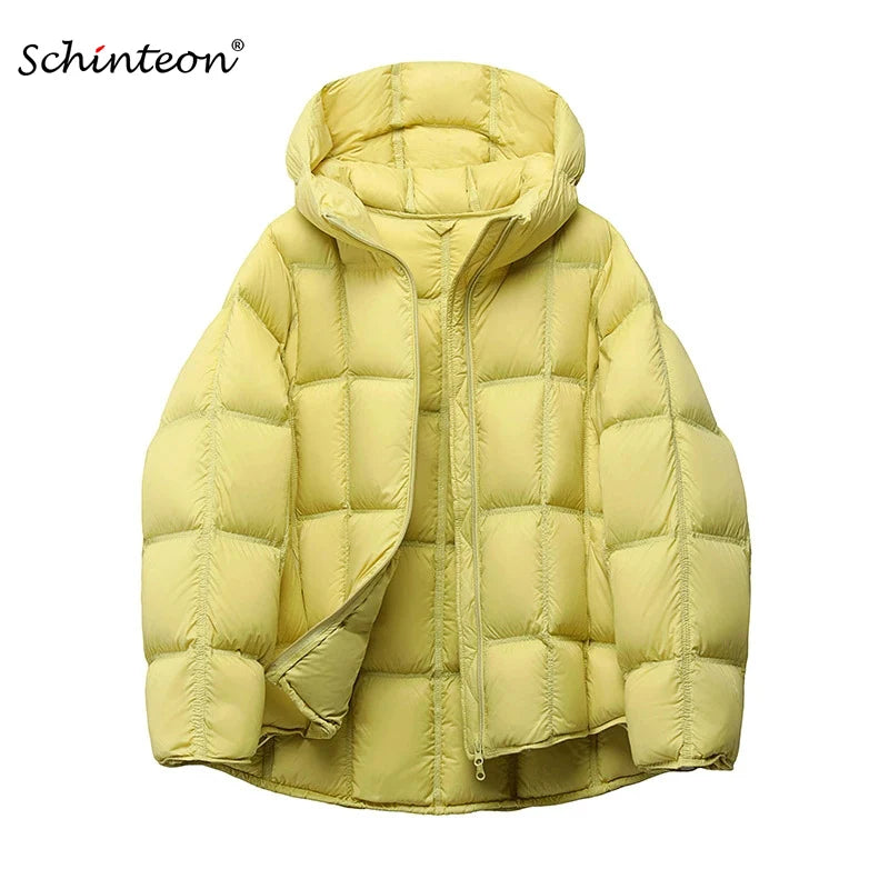 Schinteon Women Light White Down Jacket with Hood Loose Over Size Casual Autumn Winter Outwear Square Warm Short Coat 2026 New