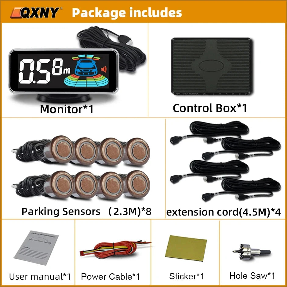8 Parktronic Parking Sensors Kit Reversing Front and Rear Car Backup Radar Detector Backing Assistance Sound Aler AID