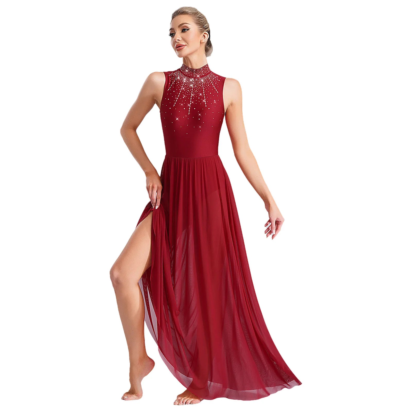 Womens Ballet Lyrical Dance Dress Cutout Back Full Length Overlay Leotard Costume Latin Rumba Tango Maxi Dress Long Dancewear